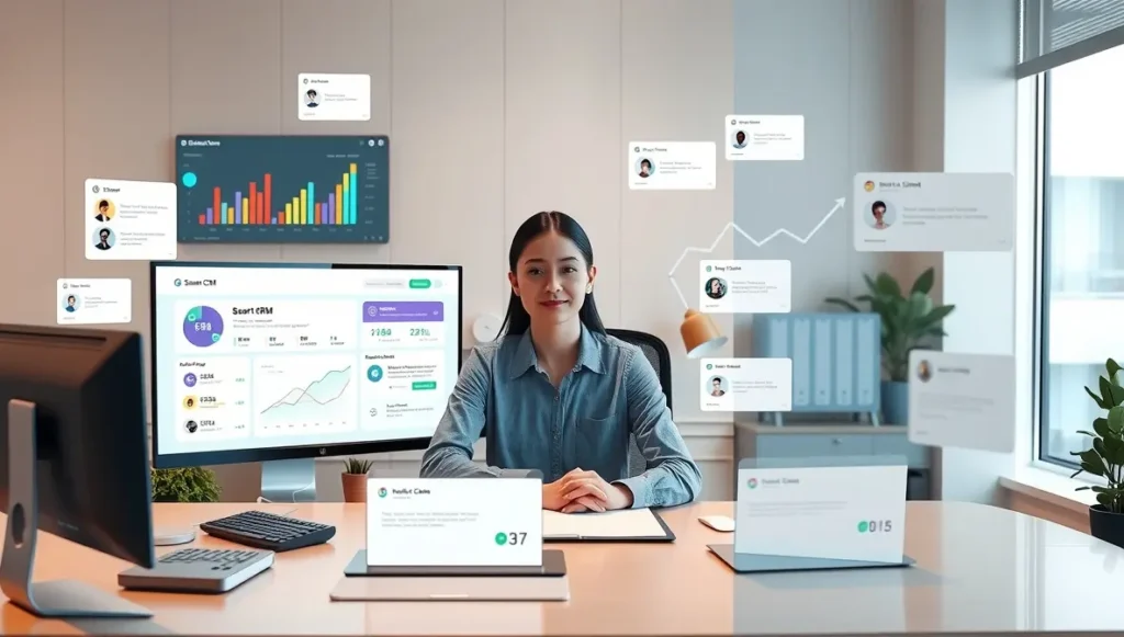 Asistente virtual estratégico gestionando clientes con un sistema automatizado personalizado y un CRM inteligente en un entorno profesional