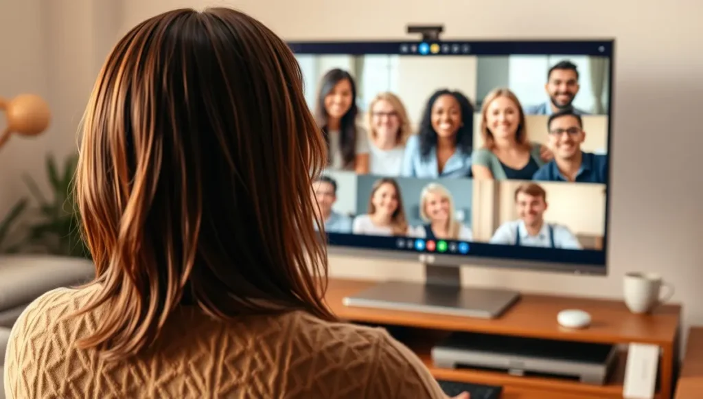 Mujer de espaldas o perfil colaborando en línea con un equipo sonriente, representando el inicio del trabajo conjunto en marketing digital.