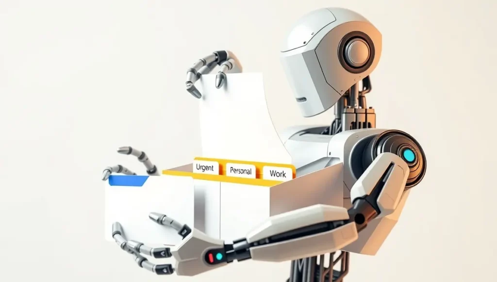 Robot organizando correos de forma automática con inteligencia artificial.