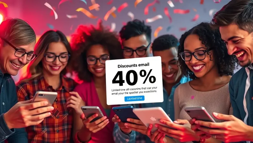 Personas sonriendo al ver una oferta del 40% de descuento en su email, muestra del éxito del email marketing promocional.