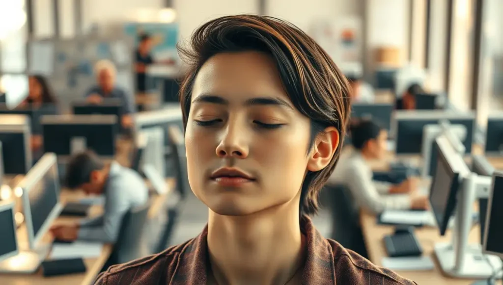 Empresario meditando en su oficina gracias a la delegación efectiva.