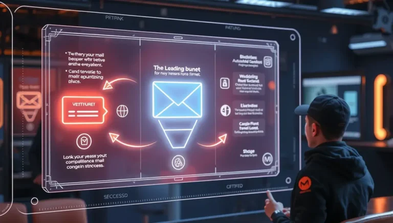 Pantalla holográfica mostrando un embudo de email marketing con automatización activa y guiando a los leads.