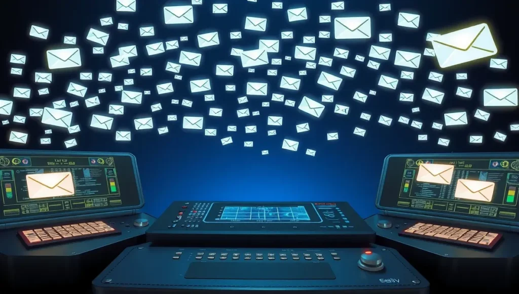 Representación futurista del envío masivo de correos en una estrategia de email marketing efectiva.