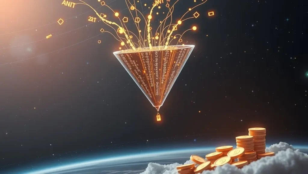 Embudo de ventas digital donde los datos se transforman en ingresos automatizados.