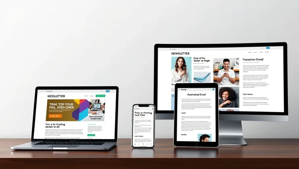 Cuatro plantillas diferentes de campañas de email marketing visibles en distintos dispositivos.