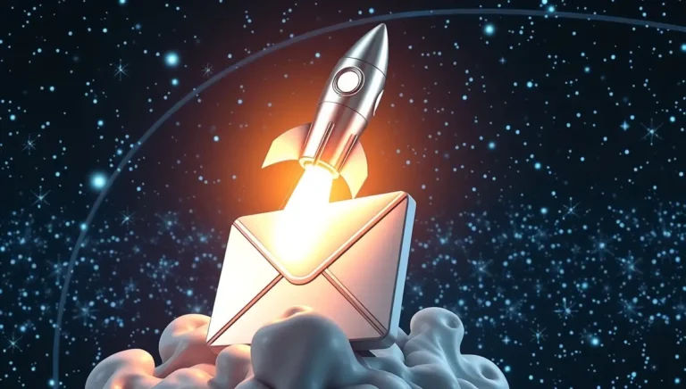 Cohete despegando desde un ícono de correo como símbolo de crecimiento digital.