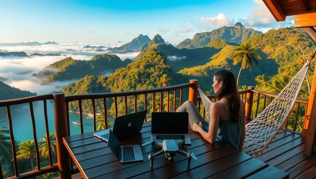 Imagen de una mujer trabajadora remota trabajando con vistas paradisíacas en Vietnam, un destino top para trabajadores remotos
