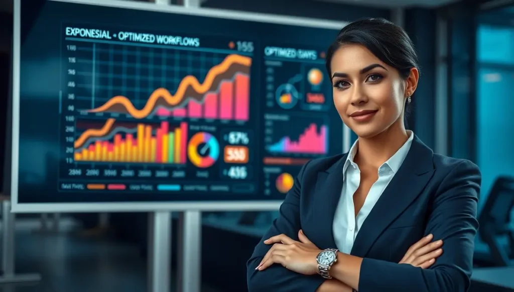 Empresaria visualizando resultados de optimización de procesos gracias al servicio web wordpress SEO con el plan de marketing integral 