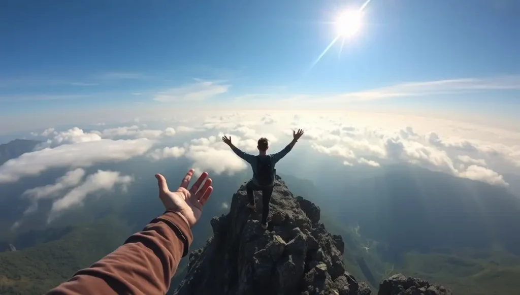 Vista desde los ojos de una nómada digital con los brazos abiertos en la cima de una montaña, símbolo de libertad y expansión.