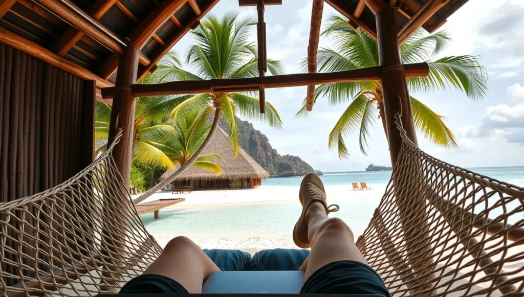 Vista desde la hamaca de una nómada digital trabajando frente al mar en una cabaña de Tailandia.