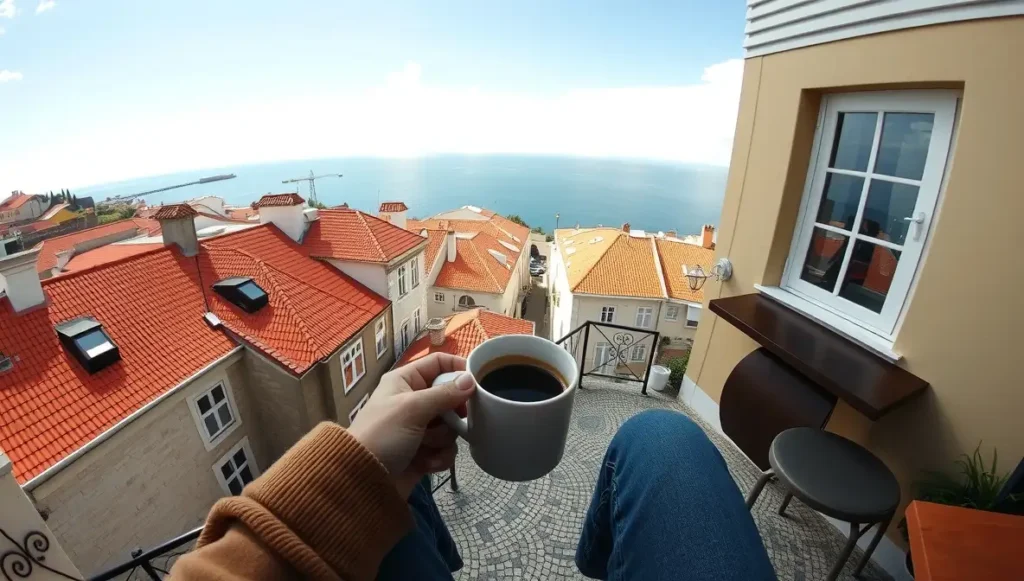 Perspectiva en primera persona de una nómada digital tecleando en un café con vista a las montañas de Medellín.