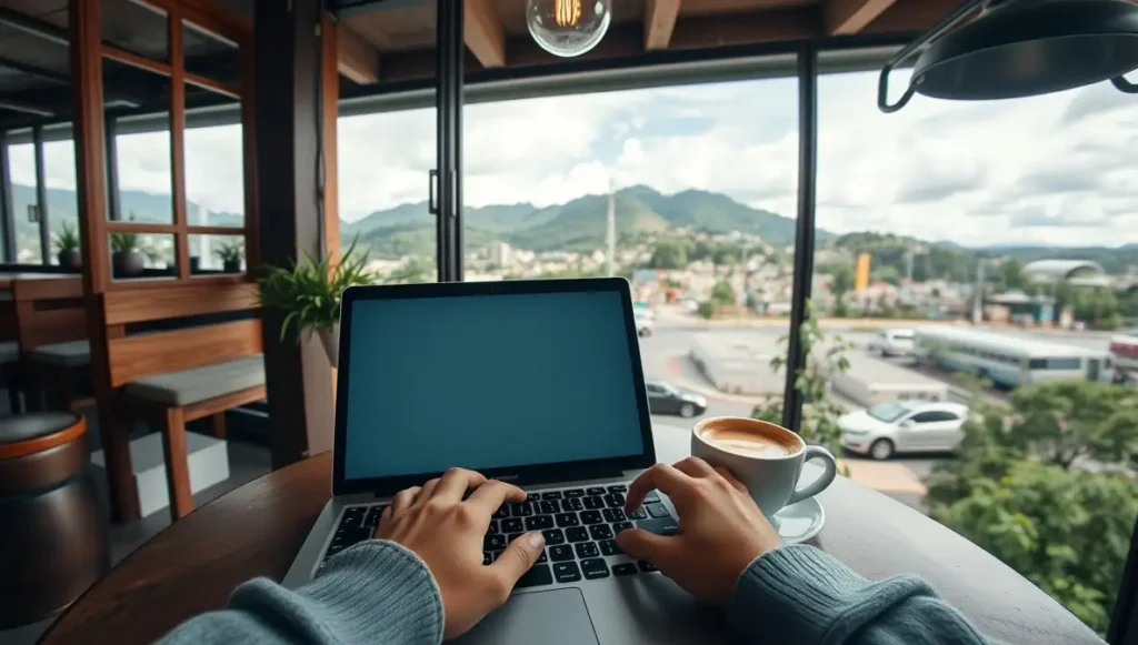 Perspectiva personal de una nómada digital tomando café en Lisboa con vistas a los tejados y al mar.