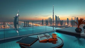 Imagen de un nómada digital junto a una piscina en la azotea con vistas a Dubái, uno de los destinos nómadas digitales más lujosos