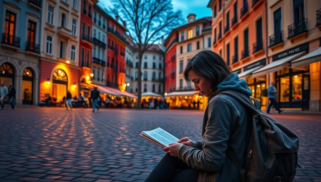 Nómada digital escribiendo en una plaza europea al atardecer, destino cultural para nómadas digitales en Europa