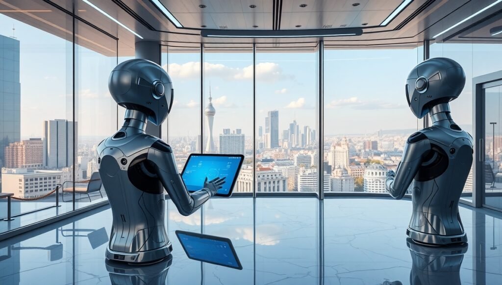 Oficina automatizada con IA gestionando procesos digitales