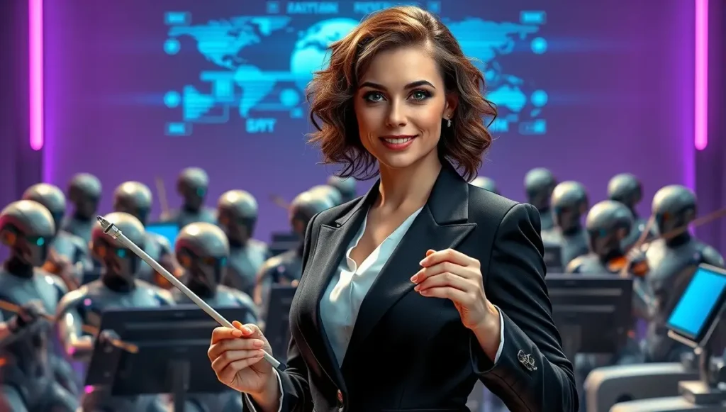 Director de orquesta dirigiendo la eficiencia del negocio con delegación estratégica.