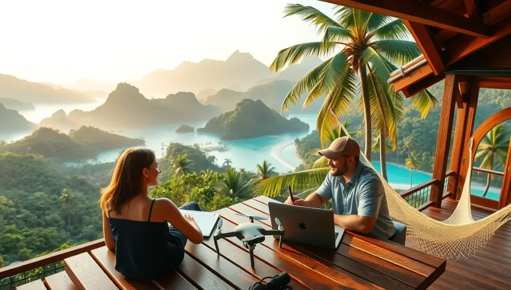 Imagen de pareja de trabajadores remotos trabajando con vistas paradisíacas en Tailandia, un destino top