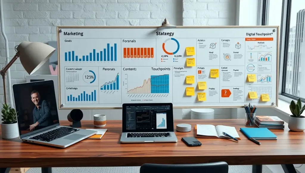 Tablero con plan integral de marketing digital y calendario estratégico