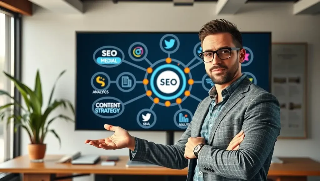 Profesional mostrando un plan integral de marketing con estrategia digital completa