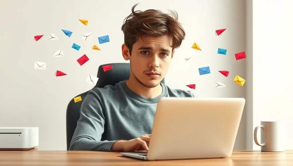 Persona trabajando mientras múltiples correos electrónicos son enviados a contactos desde su portátil.