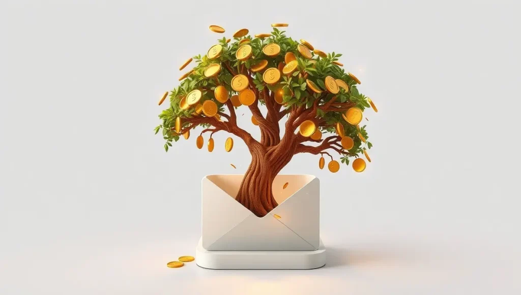 Árbol digital del dinero naciendo de un ícono de correo electrónico.