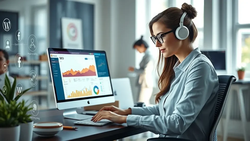 Estratega digital trabajando en sitio WordPress con panel SEO y herramientas profesionales