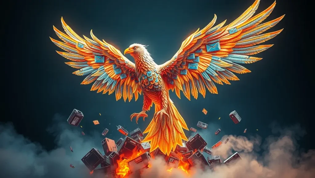 Fénix digital renaciendo como símbolo de la fuerza del email marketing.