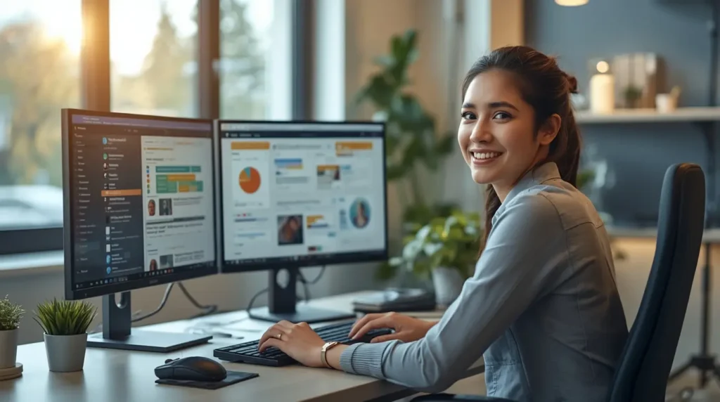 Community manager planificando estrategia de redes sociales en escritorio moderno con herramientas digitales