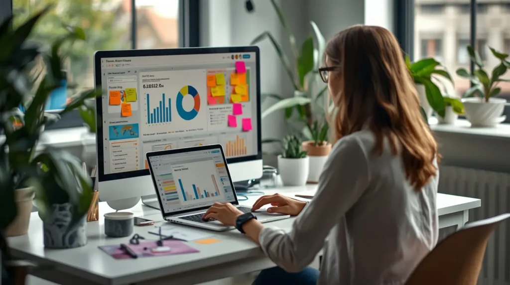 Community manager organizando contenido y métricas de redes sociales en escritorio ordenado