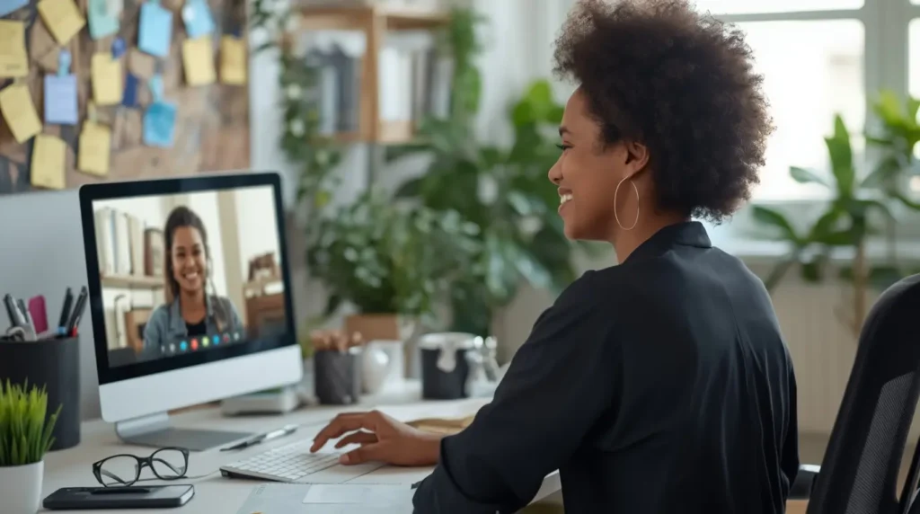 Dueño de negocio relajado delegando gestión de redes sociales a un community manager profesional