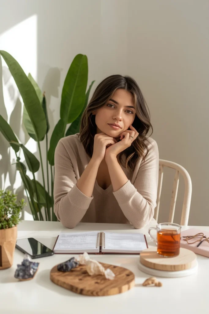 Asistente virtual consciente trabajando con herramientas digitales y energía alineada